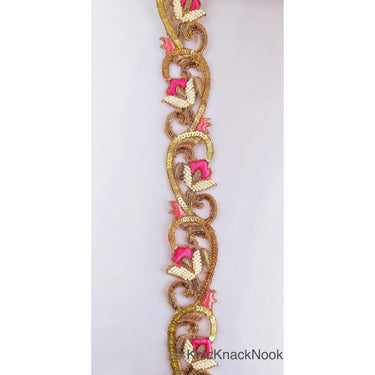 Hand Embroidered Lace Trim, Pink Floral Embroidery, Beaded In Off White Seed Beads & Bugle Beads